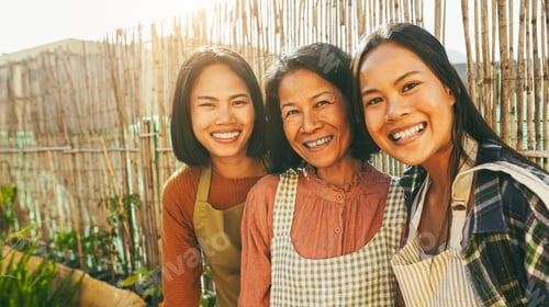 Preview: Asian Mother With Daughters Smiling In Front Of Camera At Home Terrace - Happy Family Cooking