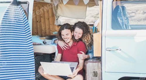 Preview: Happy Couple Using Laptop Computer In Road Trip Vacation - Travel Couple Having Fun Watching Videos