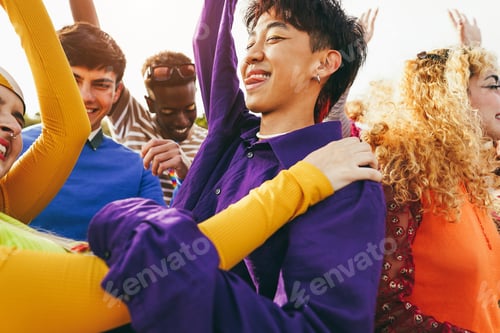 Preview: Multiracial Young People Dancing Outdoor At Festival Event - Soft Focus On Asian Man Nose