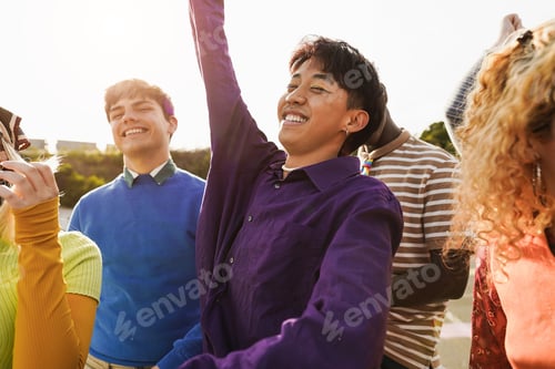 Preview: Happy Young People Dancing Outdoor At Festival Event - Focus On Asian Man With Makeup On
