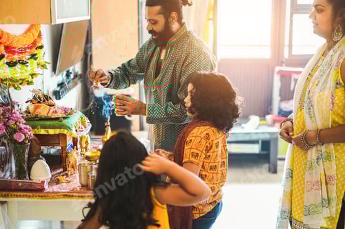 Preview: Indian Family Celebrating Religion Hindu Event At Home - Southern Asian Cultures And Lifestyle