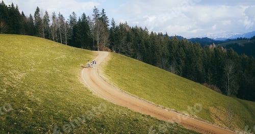 Preview: Caucasian Family Enjoy Trekking Day In The Mountains - Travel And Winter Concept - Soft Focus On