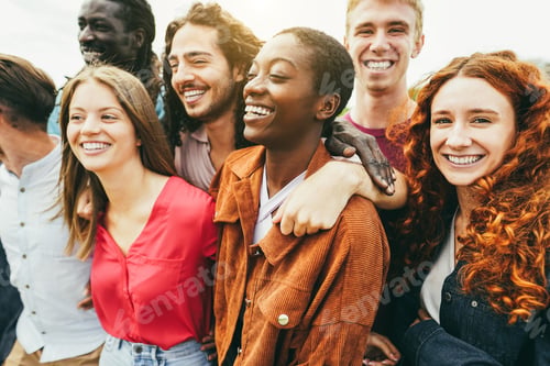Preview: Multiracial Young Friends Having Fun Outdoor - Focus On African Girl Face