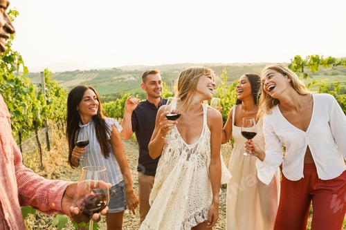 Preview: Multiracial Friends Dancing At Summer Party Inside Vineyards - Happy People Having Fun Together