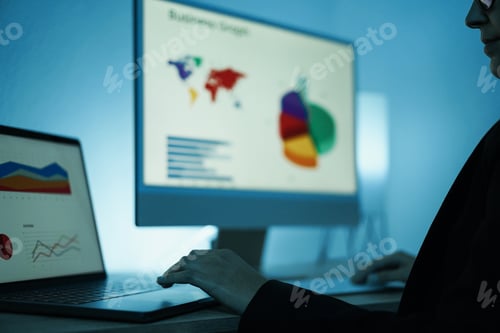 Preview: Young Woman Analyzing Data Charts For Marketing Business Reports - Focus On Left Hand