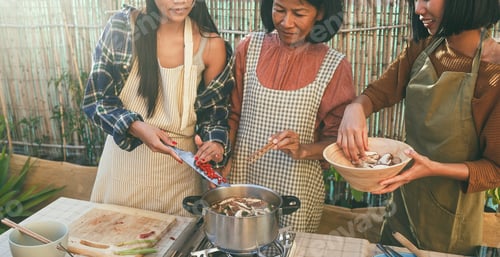 Preview: Asian Family Cooking Together At Home Patio Outdoor - Mother And Two Daughters Having Fun Preparing