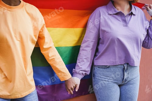 Preview: Happy Women Gay Couple Holding Hands With Rainbow Flag On Background - Lgbt And Love Concept