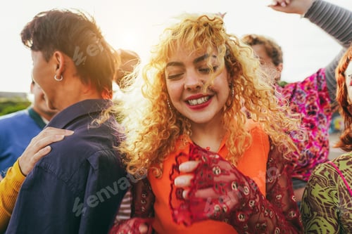 Preview: Happy Young Multiracial People Dancing Outdoor At Festival Event - Summer And Party Concept - Soft