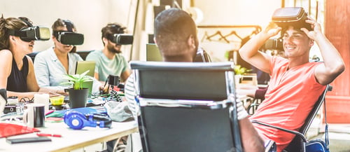Preview: Teamwork Trying Virtual Reality Glasses For Work In Creative Office - Young People Using New Vr