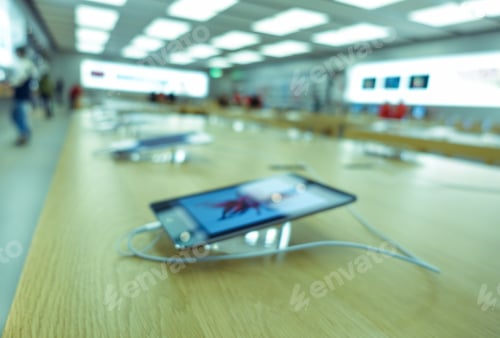 Preview: Defocused Blur Of Tablet In A Eletronics Shop - New Technology Addiction Concept - Soft Blue