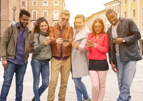 Preview: Group Of Young Multiracial Friends Using Smartphones On City Urban Contest - Happiness And