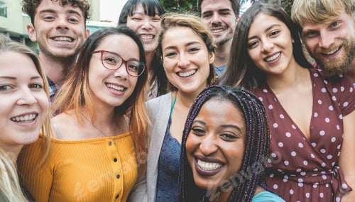 Preview: Happy Millennial Friends From Diverse Cultures And Races Having Fun Posing In Front Of Smartphone