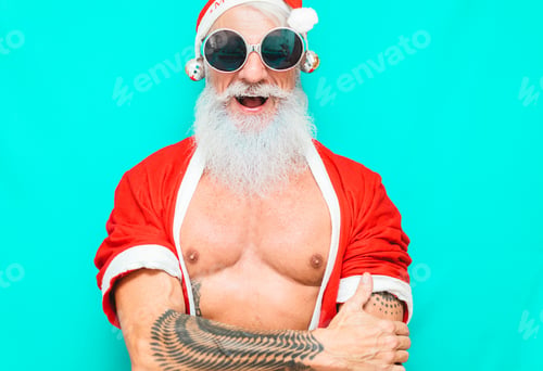 Preview: Tattoo Fit Santa Clause Wearing Funny Party Sunglasses - Fashion Senior Man With Winter Holiday