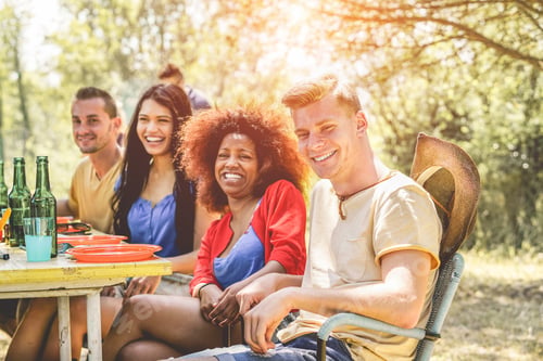 Preview: Happy Friends Eating And Drinking Beers At Barbecue Dinner At Sunset - Young People Having Meal