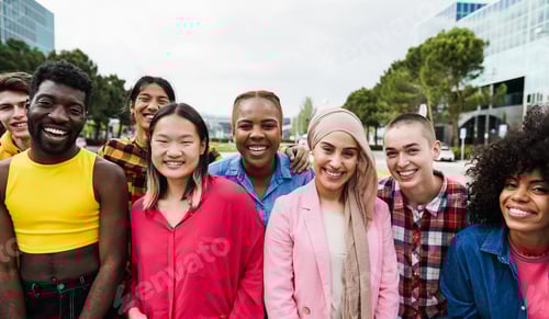 Preview: Young Diverse People Having Fun Outdoor Laughing Together - Focus On African Girl Face