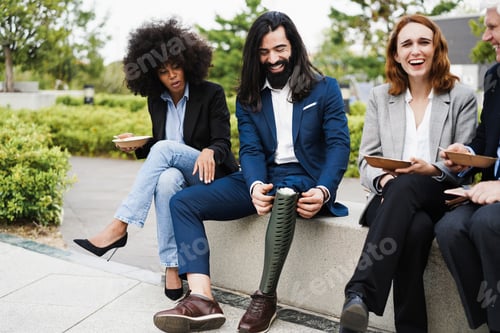 Preview: Diverse Business People Doing Lunch Break Outdoor From Office Building - Focus On Man With