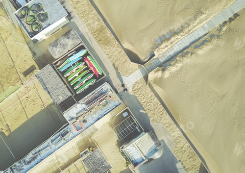 Preview: Friends Making Photos And Videos With Drone - Top View Of Closed Beach Resort In Winter Season