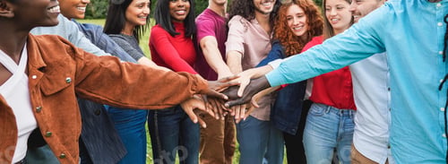 Preview: Young Diverse People Stacking Hands Outdoor - Focus On Hands