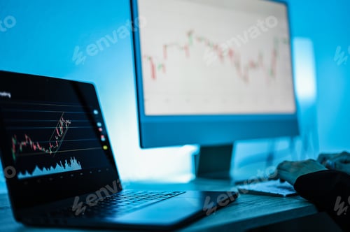Preview: Trader Woman Studying Stock Market - Business Concept - Soft Focus On Left Computer Screen