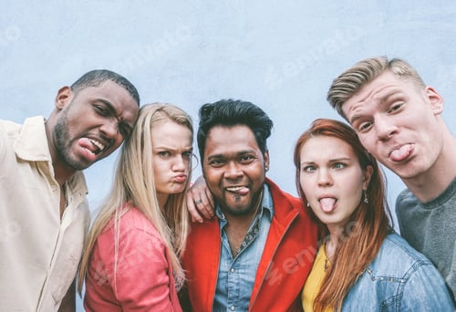 Preview: Happy Friends From Diverse Cultures And Races Making Funny Faces In Smartphone Camera - Youth And
