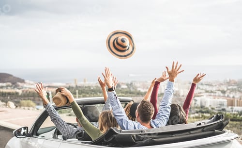 Preview: Happy People Having Fun In Convertible Car In Summer Vacation - Young Tourist Friends Traveling In