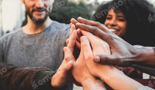 Preview: Young Happy People Stacking Hands Outdoor - Multiracial Students Celebrating Together - Focus On