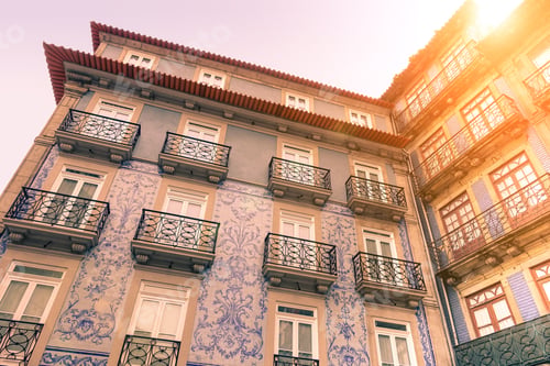 Preview: Facades Of Typical Old Town Houses In Portugal - Colonial Building Concept - Vintage Editing With