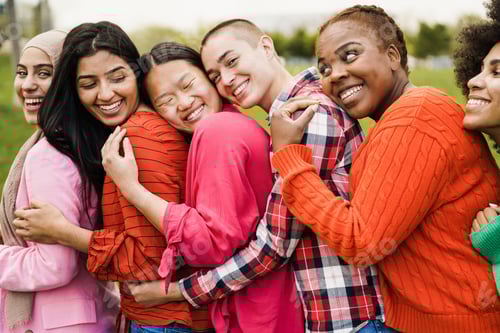 Preview: Young Multiracial Women Having Fun Laughing Together Outdoor - Focus On African Girl Face