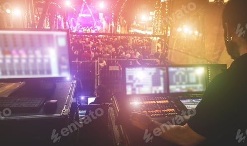 Preview: Silhouette Of Lights Technician Working At Event Concert - Sound System And Lighting Duric Music