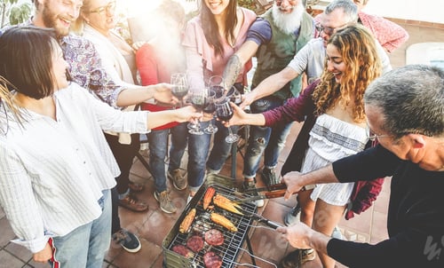 Preview: Friends Grilling Meat And Cheering And Cooking At Bbq Meal Outdoor - Different Age Of People Having