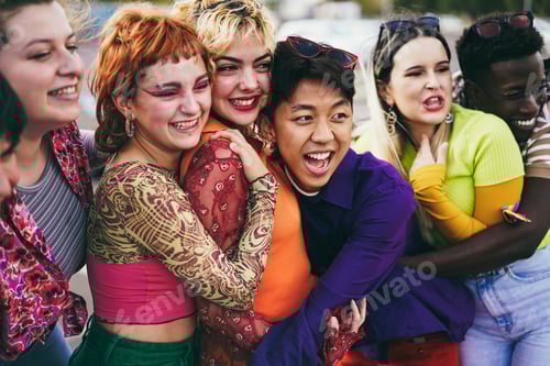 Preview: Young Diverse Friends Having Fun Outdoor Laughing Together - Focus On Asian Guy Face