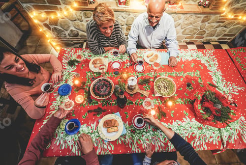 Preview: Happy Family Drinking Coffee And Eating Dessert Cakes At Holidays Dinner Inside A Country House