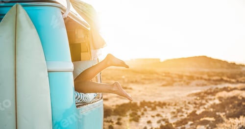 Preview: Legs View Of Happy Surfer Girl Inside Minivan At Sunset - Young Woman Having Fun On Summer Vacation