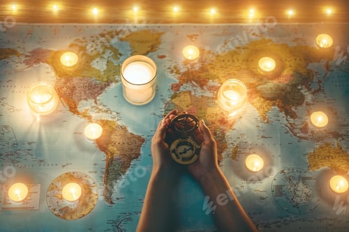 Preview: Young Woman Planning World Tour With Vintage Travel Map - Traveler Girl Using Old Compass With