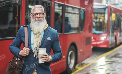 Preview: Senior Business Man Going To Work - Hipster Entrepreneur Drinking Coffee At London Bus Station