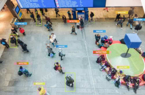 Preview: Software App Tracking Blurred People Inside Train Station For Coronavirus Health Prevention