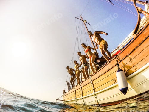 Preview: Young People Diving From Sailing Boat Into The Sea - Happy Friends Having Fun In Summer Party Day