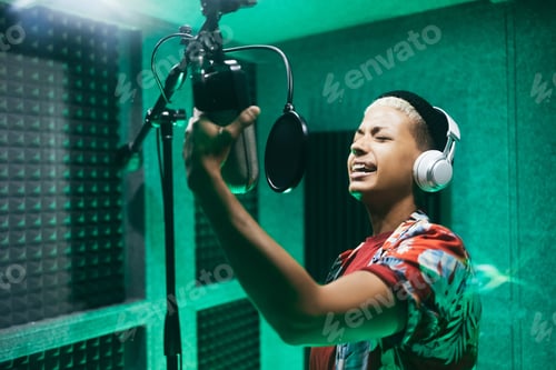 Preview: Latin Singer Girl Recording New Music Album Inside Boutique Studio - Soft Focus On Woman Face