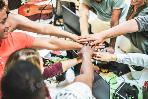 Preview: Young Team Putting Hands Up For New Startup In Creative Office - Cheerful People Giving Strength