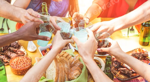 Preview: Group Of Friends Toasting With Cocktails At Barbecue Party Outdoor - Closeup Of People Cheering At