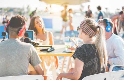 Preview: Group Of Happy People Making A Video Feed Online At Beach Party - Speaker And Friends Starting Live