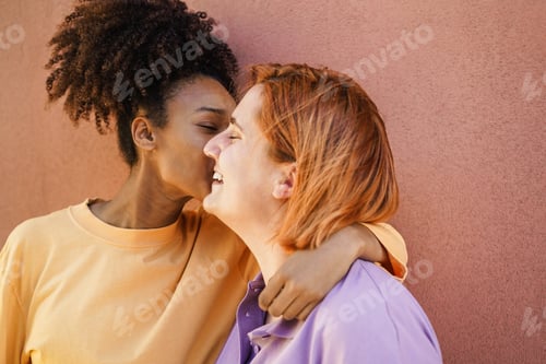 Preview: Happy Women Gay Couple Having Tender Moment Outdoor - Lgbt And Love Concept