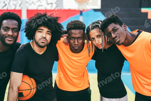 Preview: African Friends Playing Basketball Outdoor - Focus On Center Faces