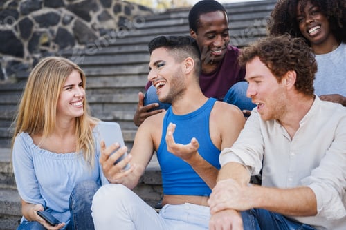 Preview: Happy Diverse People Having Fun Using Mobile Phone Outdoor In The City - Focus On Gay Man Face
