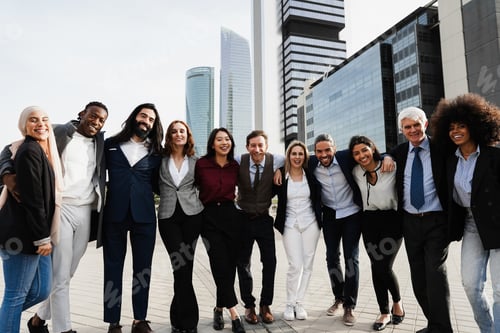 Preview: Multiethnic Business People Celebrating Outside Of The Office With City In Background - Focus On