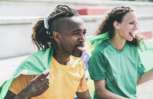 Preview: Two Brazilian Sport Fans Celebrating Their Country - Multiracial Supporters Having Fun At Stadium