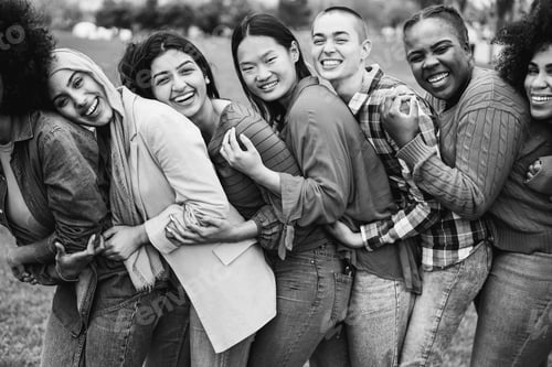 Preview: Young Multiracial Women Having Fun Laughing Together Outdoor - Focus On African Girl Face - Black