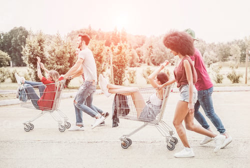 Preview: Young Millennials People Racing With Shopping Cart - Happy Crazy Friends Having Fun With Trolleys