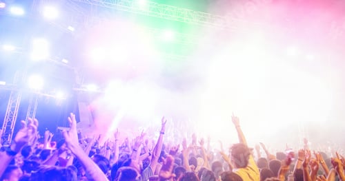 Preview: Young People Dancing And Having Fun In Summer Festival Party Outdoor - Crowd With Hands Up