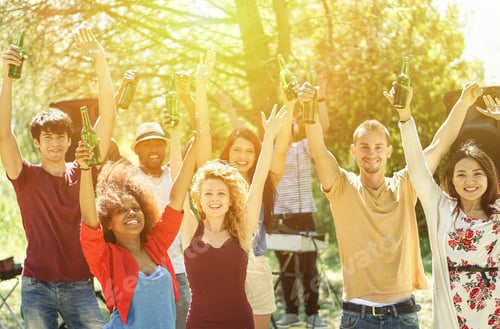 Preview: Multiracial Young Friends Dancing In Garden Party With Deejay In Background - Cheerful People